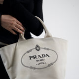 PRADA WHITE DENIM TOTE BAG