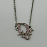 DIOR PINK CRYSTAL WORD LOGO NECKLACE SILVER