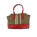 COACH SIGNATURE STRIPE RED LEATHER TOTE BAG