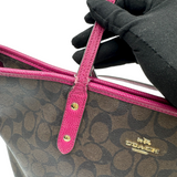 COACH SIGNATURE BROWN AND MAGENTA CITY ZIP TOTE