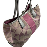 COACH PINK SIGNATURE KISSLOCK STRIPE CARRY HANDBAG